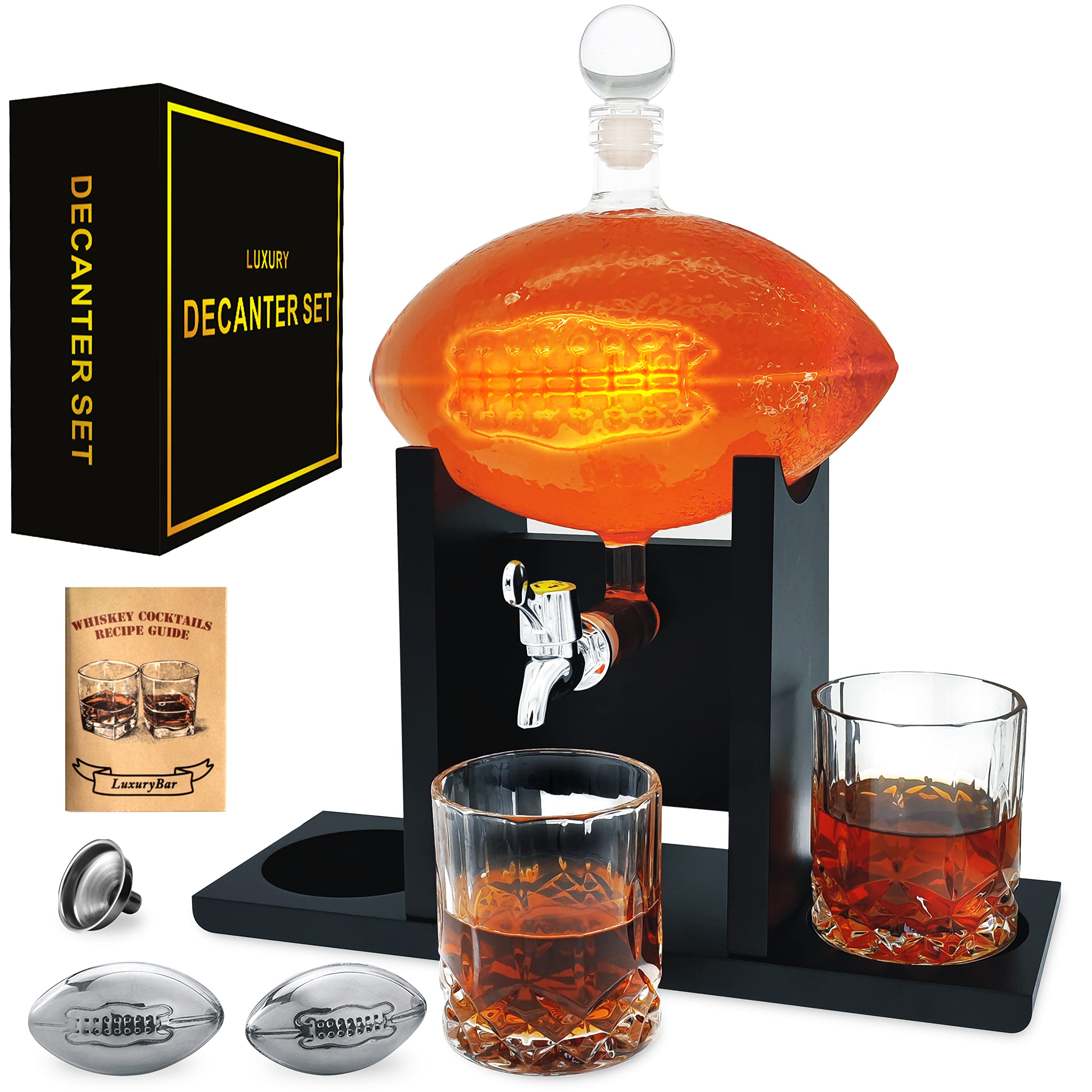 LuxuryBar football decanter set with spout for precise pouring and elegant hosting.