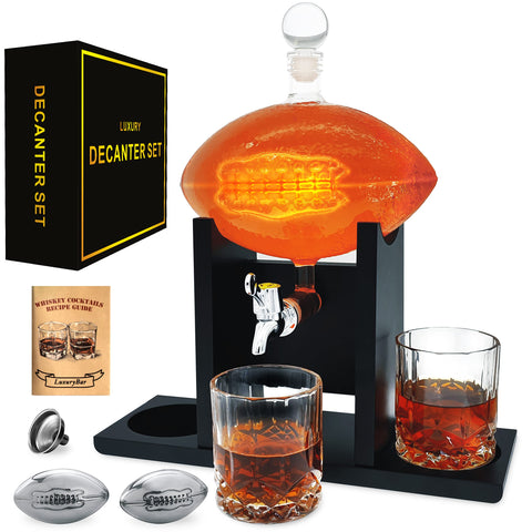 LuxuryBar football decanter set with spout for precise pouring and elegant hosting.