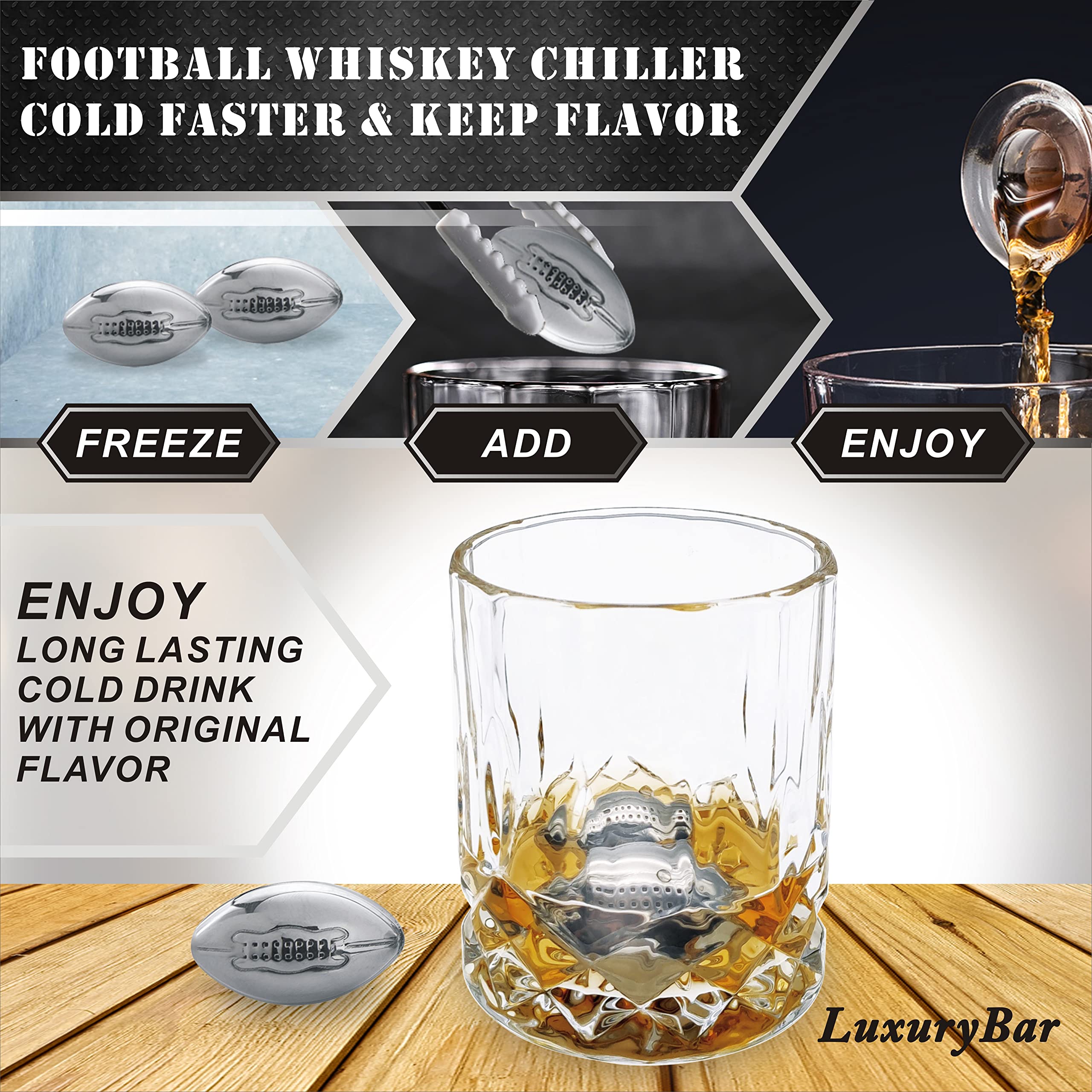 LuxuryBar football glasses on a wood tray for easy transport and serving.