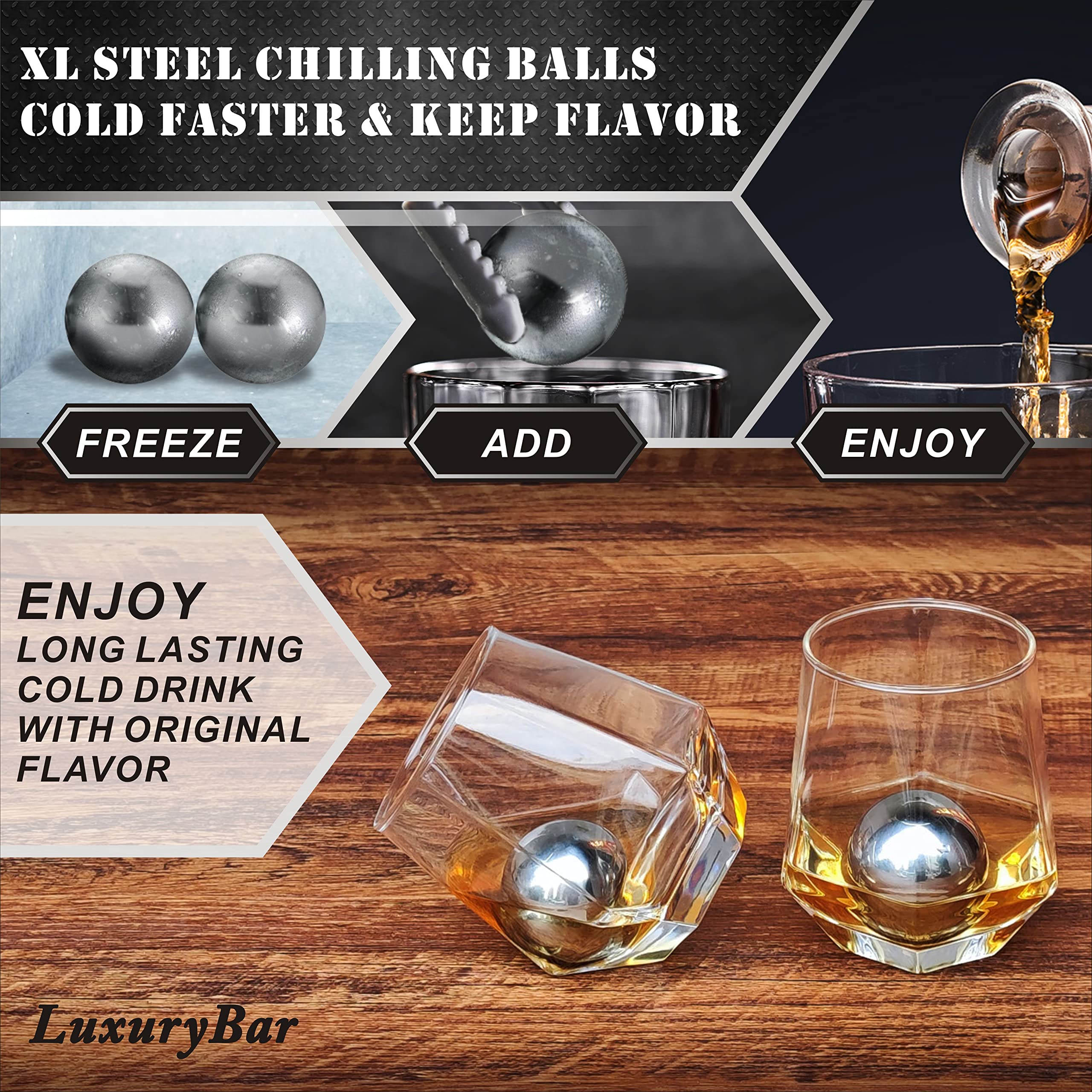 LuxuryBar XL chilling balls keep whiskey cold without dilution for richer flavor.