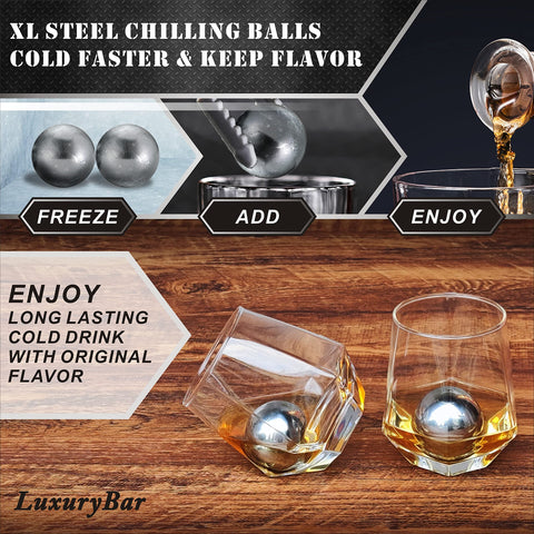 LuxuryBar XL chilling balls keep whiskey cold without dilution for richer flavor.