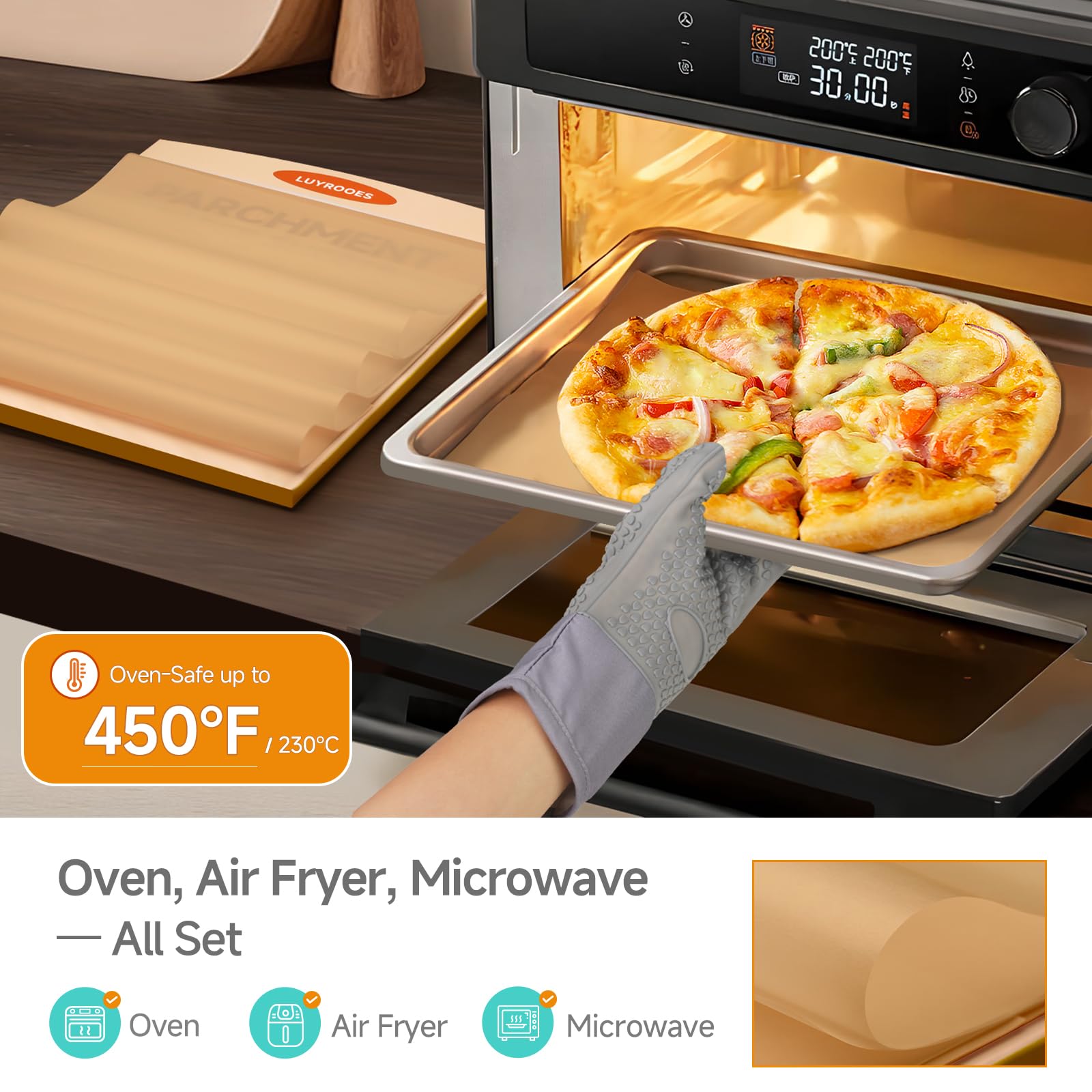LUYROOES easy-cleanup disposable paper simplifies post-bake cleanup.