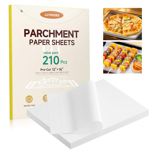 LUYROOES parchment sheets 12x16 on half-sheet pan for easy release