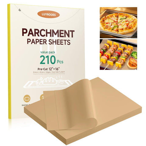 LUYROOES precuts 12x16 parchment sheet for half-sheet pans, mess-free baking.