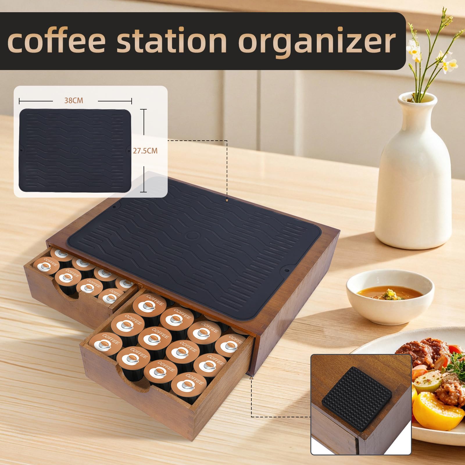 Lveesto coffee bar organizer with non-slip feet prevents sliding on counters.