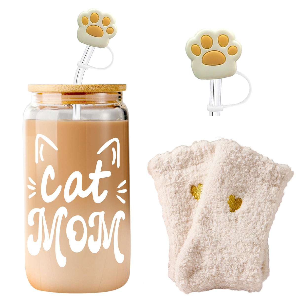 Lvoetgif cat mom coffee glass cup with lid and straw for spill-free sipping