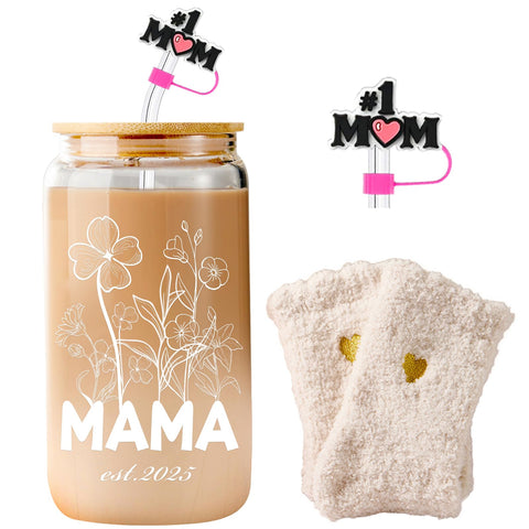 Lvoetgif Mama est 2025 coffee cup with lid and straw for on-the-go sipping.