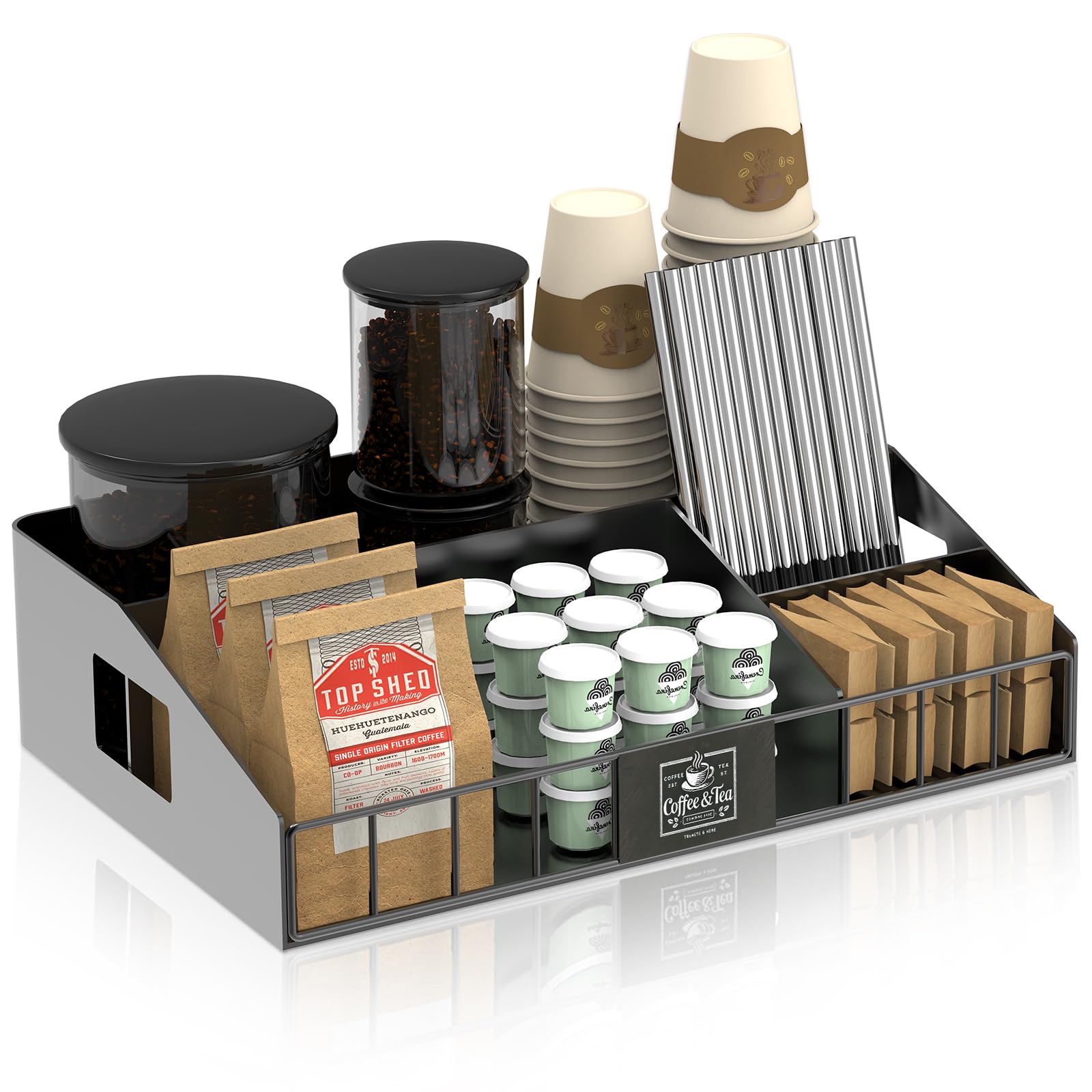 LWSFF metal coffee station organizer front view for a tidy, accessible countertop coffee setup.