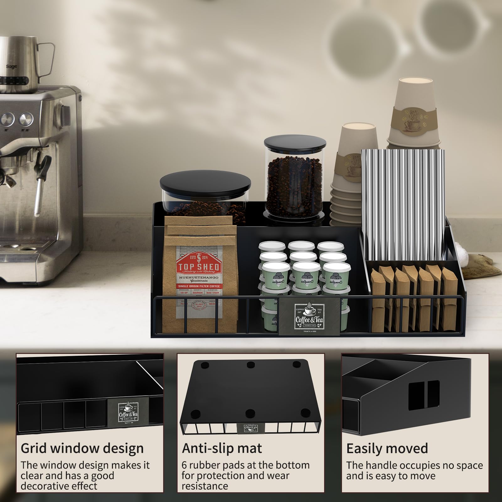 LWSFF multifunctional coffee station organizer supports cups, sugar, and beans in one place.