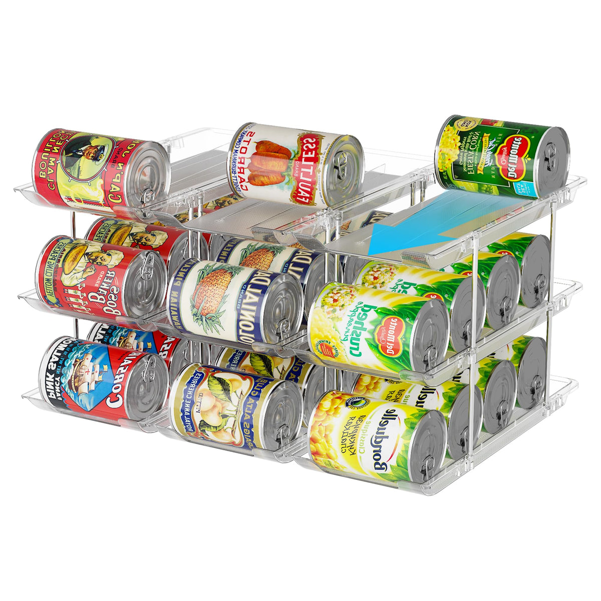 LXLXXL Can Organizer rolling dispenser enables smooth FIFO rotation in pantry.