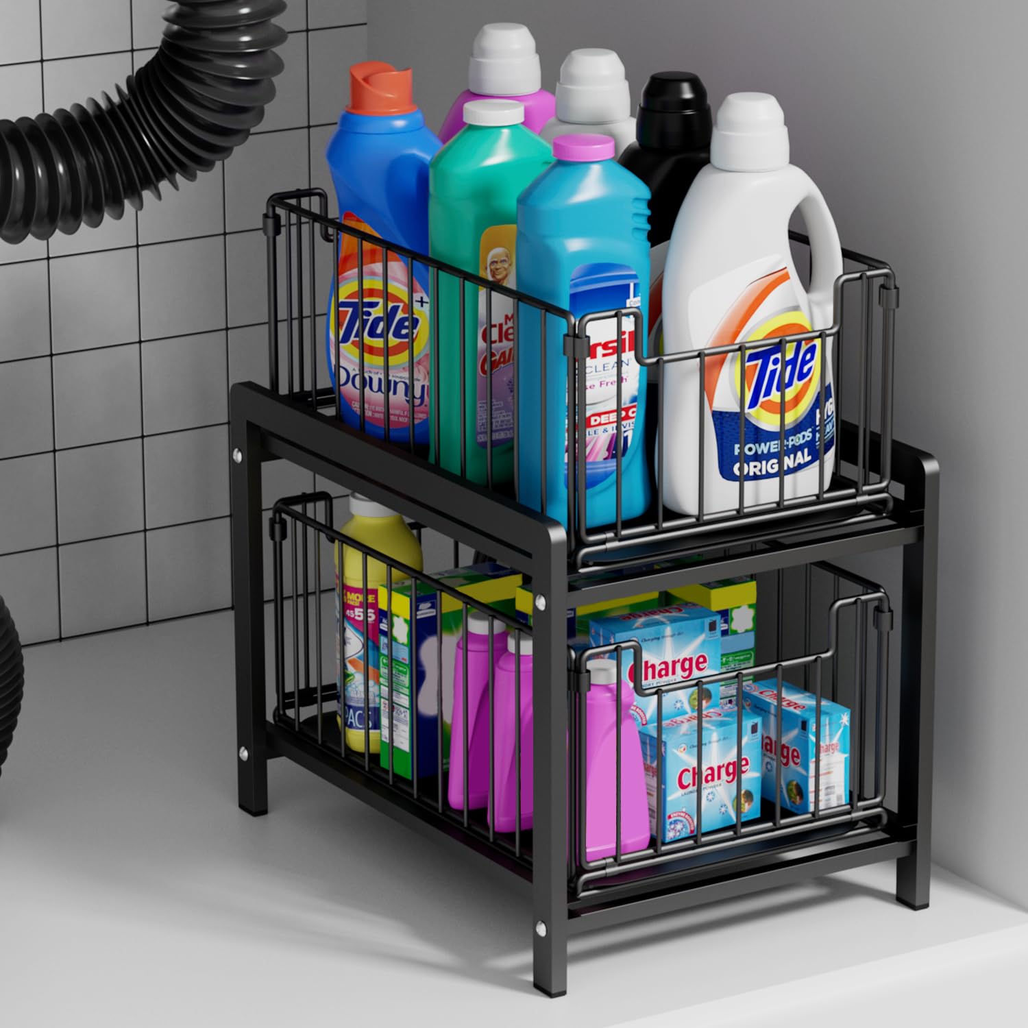 Lxmons 2-tier sliding basket under-sink organizer for clutter-free storage.
