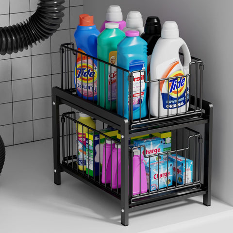 Lxmons 2-tier sliding basket under-sink organizer for clutter-free storage.