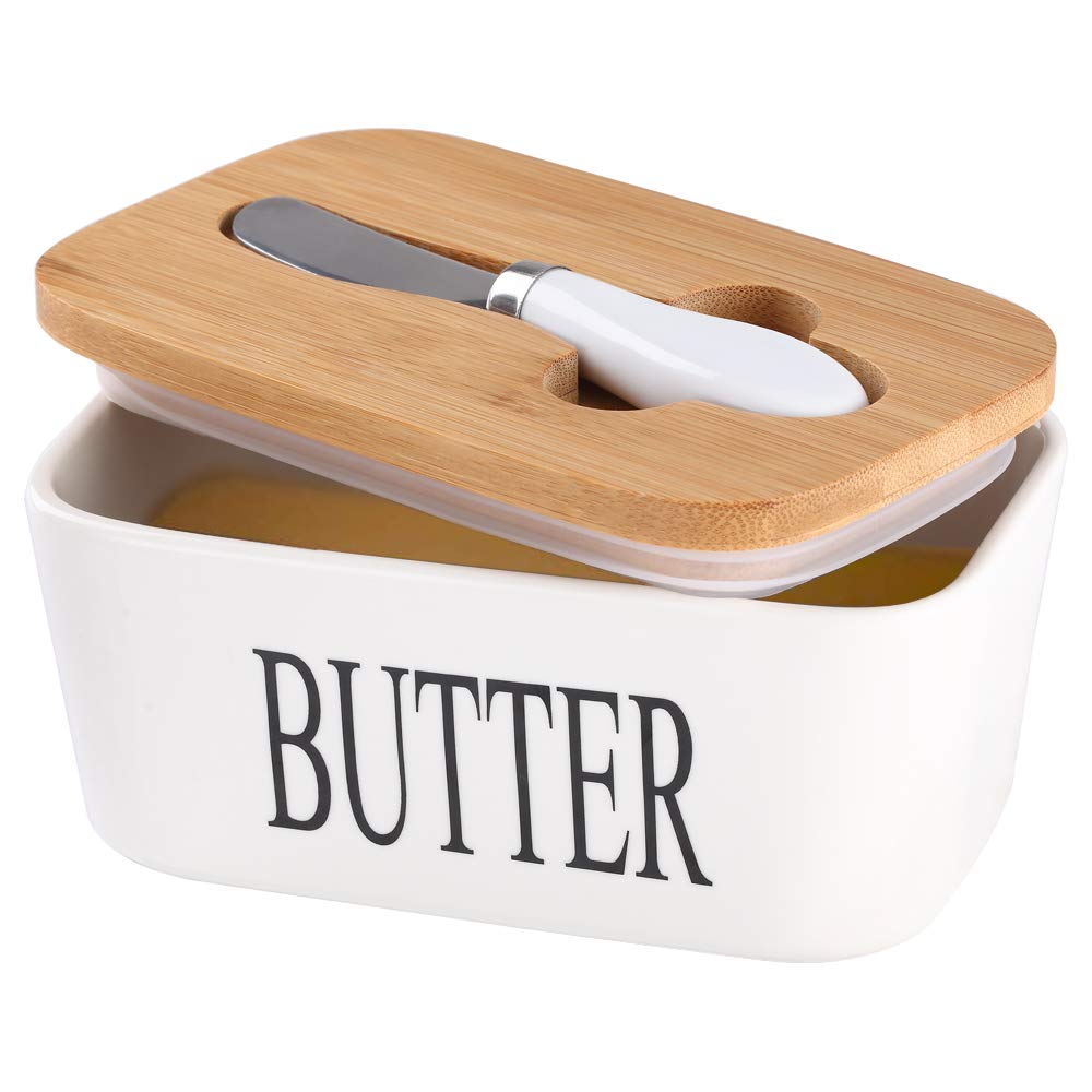 Lxmons ceramic butter dish with lid keeps butter fresh on the counter.