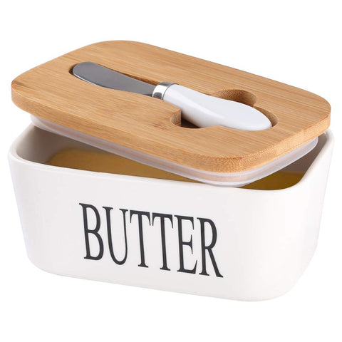Lxmons ceramic butter dish with lid keeps butter fresh on the counter.