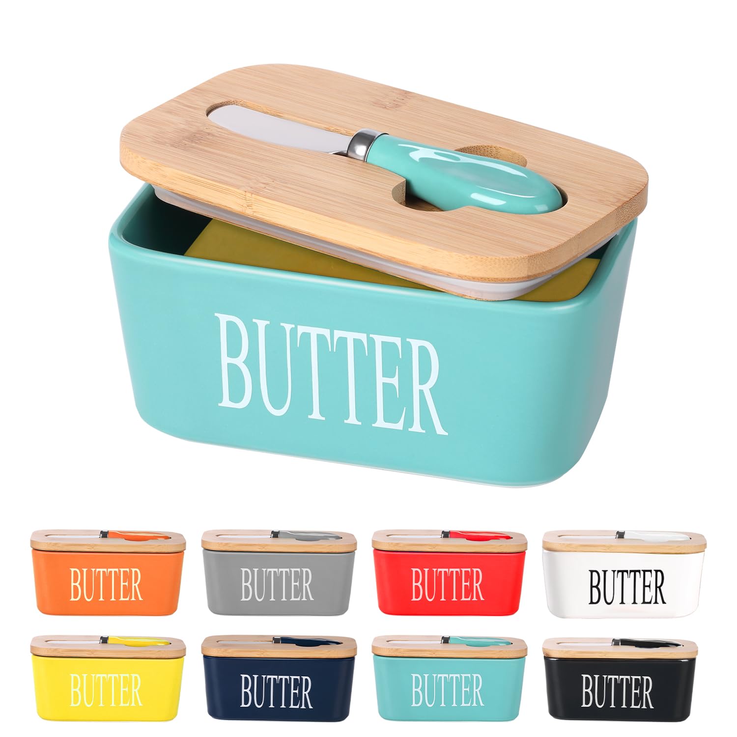 Lxmons ceramic butter dish with wooden lid on counter keeps butter fresh and ready to spread