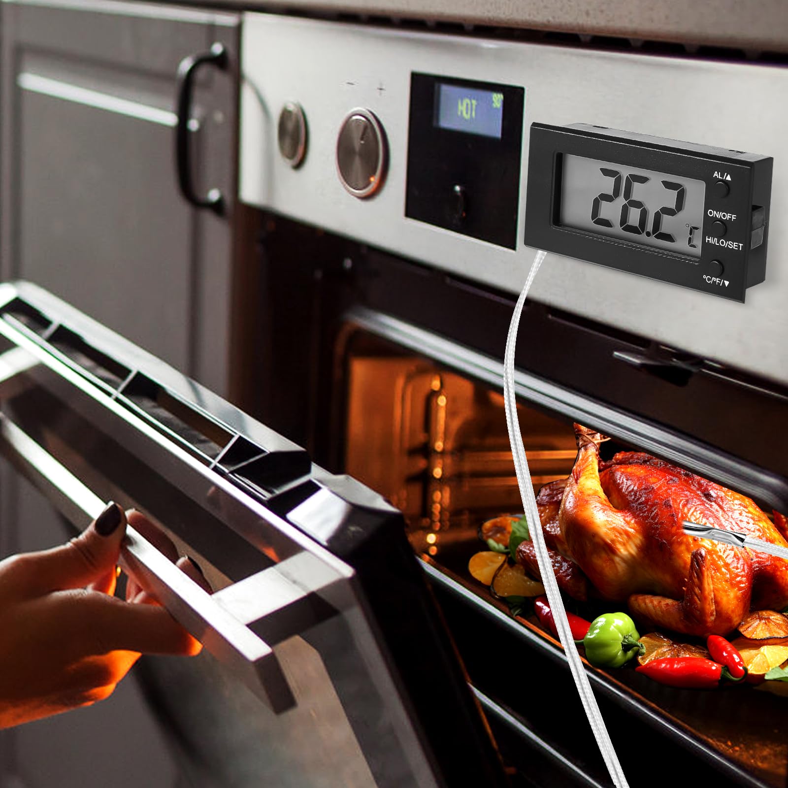 LXSZRPH Digital Oven Thermometer probe with 39-inch cable enables safe, hands-free monitoring.