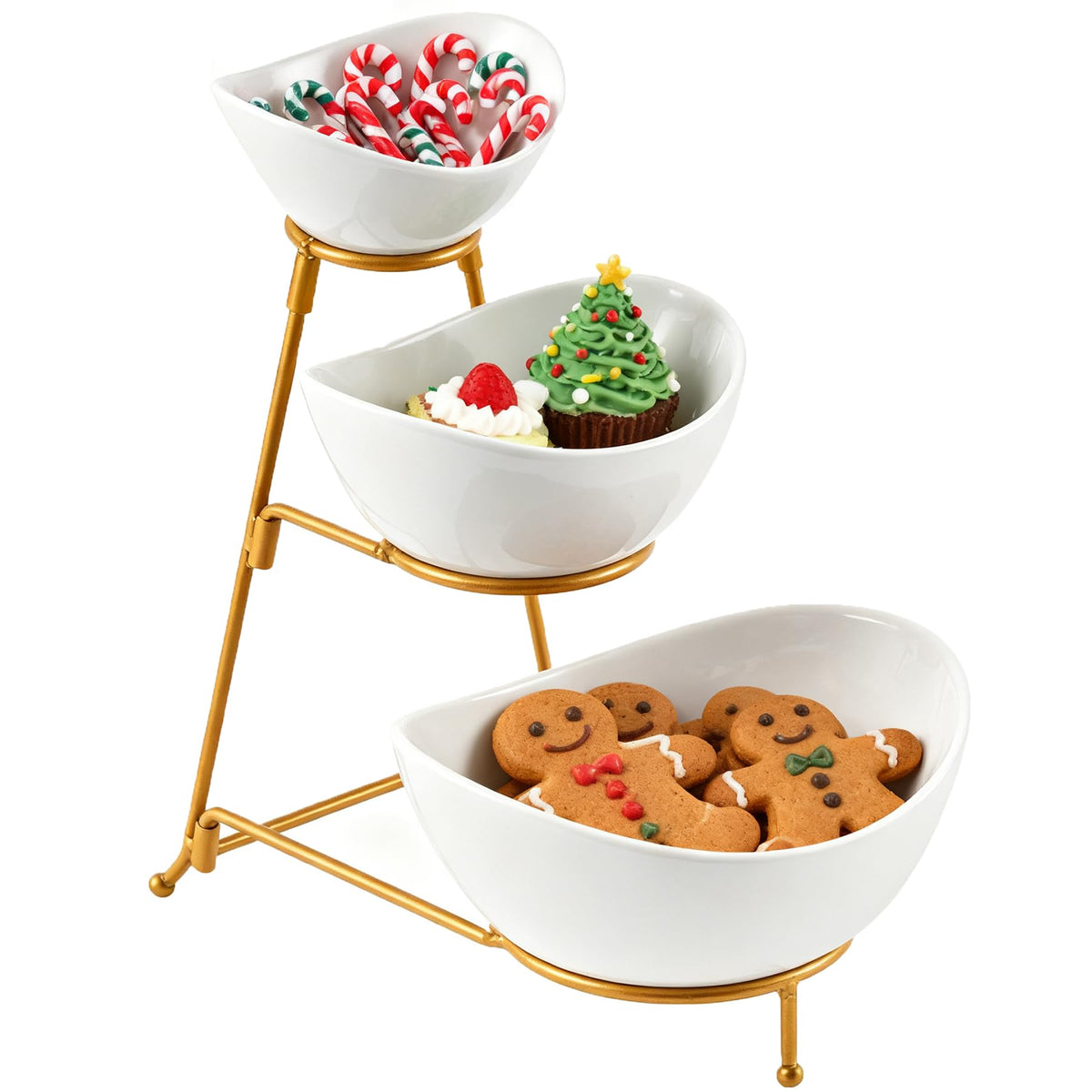 LYEOBOH 3-tier serving bowls with gold stand for elegant entertaining.