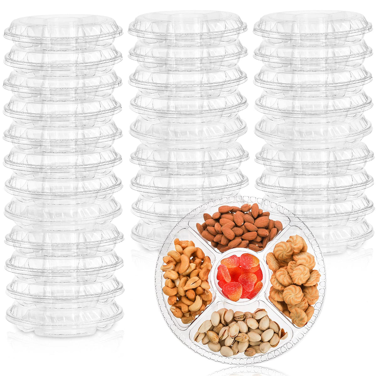 Lyellfe 30-pack appetizer trays with lids, stacked for compact storage.