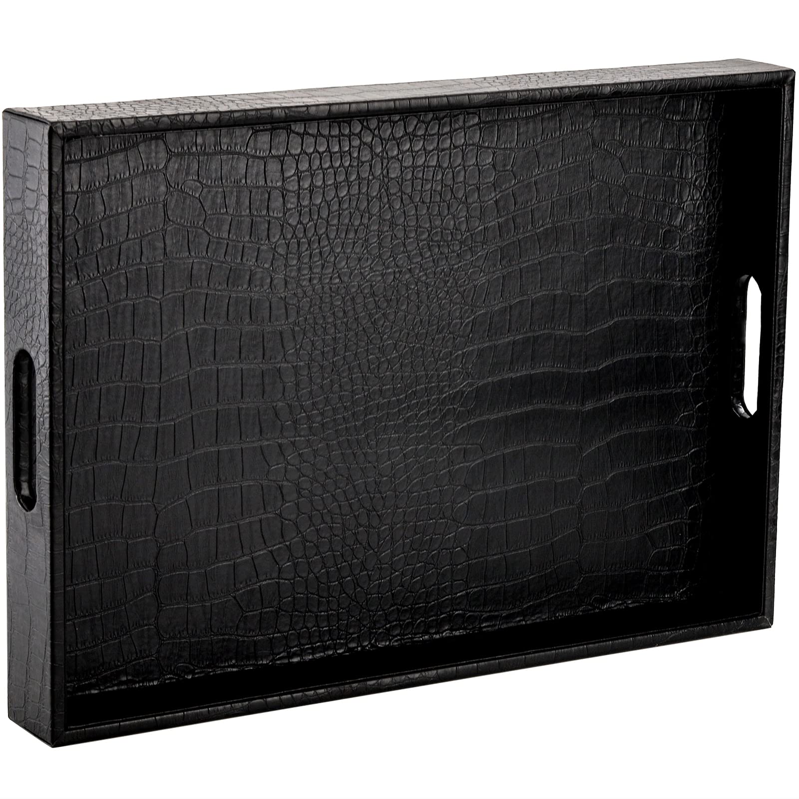 Lyellfe black serving tray with handles shows alligator texture for easy serving.