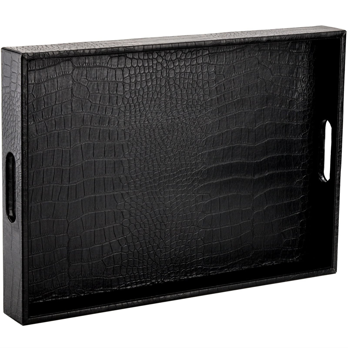 Lyellfe black serving tray with handles shows alligator texture for easy serving.