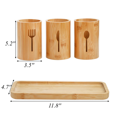 Lyellfe rustic bamboo utensil organizer keeping spoons, forks, and knives neatly separated.