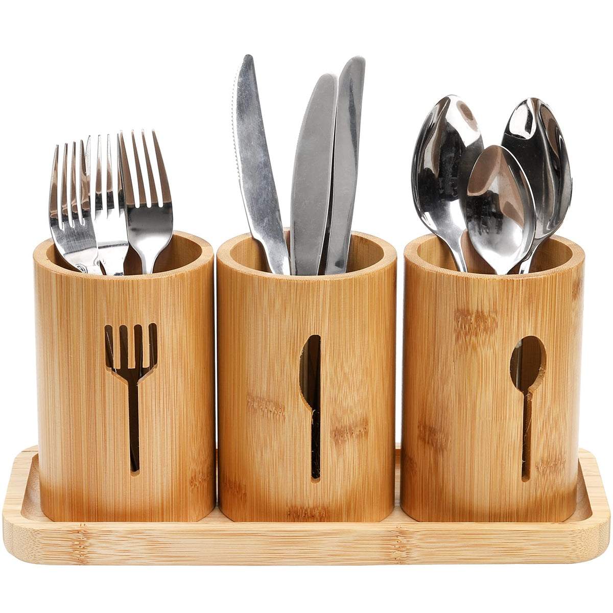 Lyellfe bamboo silverware holder with tray and drainage holes for quick drying.