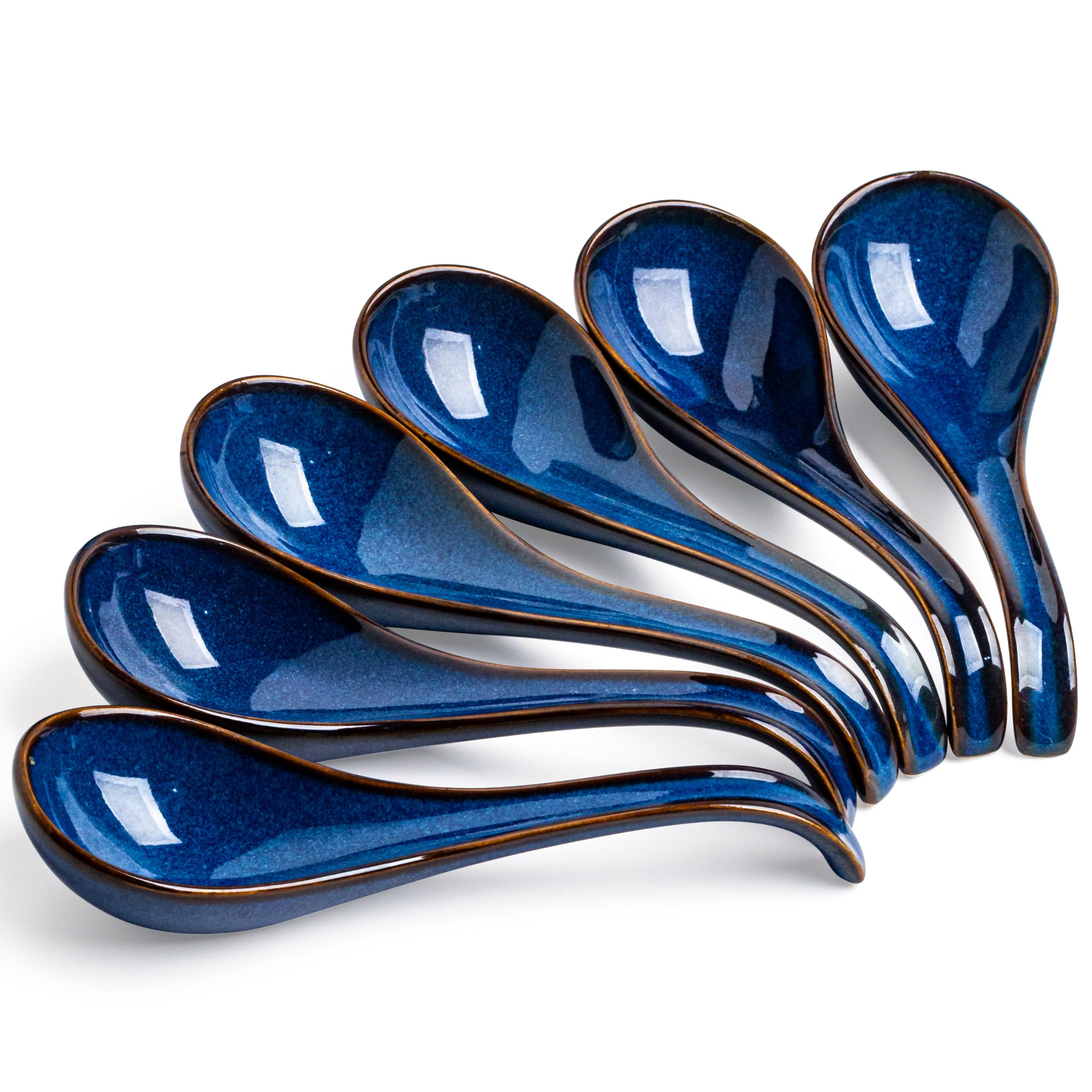LYEOBOH ceramic soup spoons with deep-hook design in vintage blue for ramen.