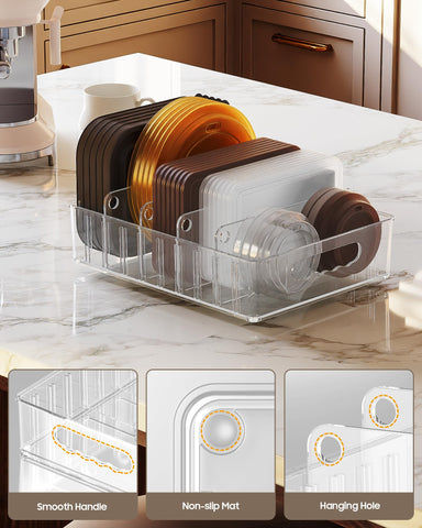 LYNG lid organizer shows 9 slots to fit diverse lids.