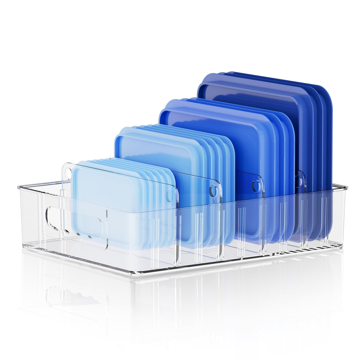 LYNG lid organizer inside cabinet with clear plastic for easy lid access.