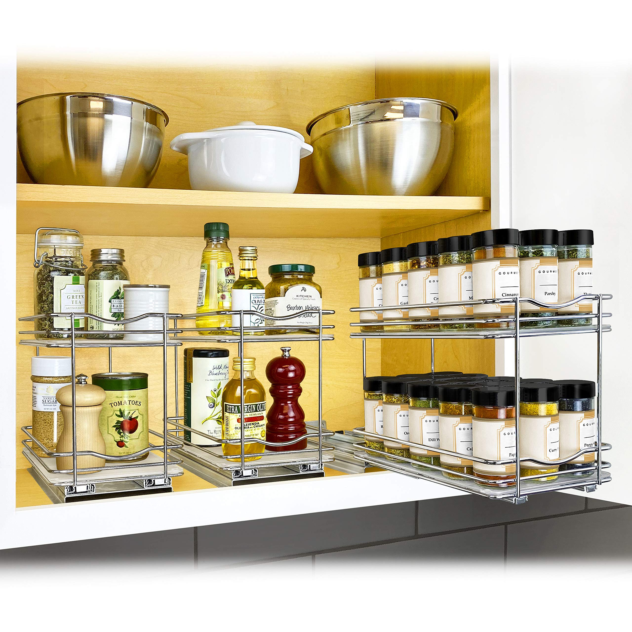 Chrome sliding organizer keeps cabinets neat and accessible.