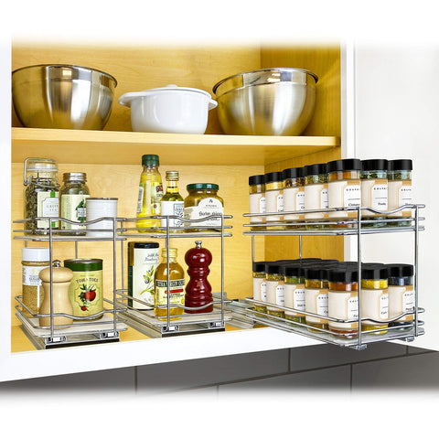 Chrome sliding organizer keeps cabinets neat and accessible.