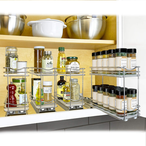 LYNK PROFESSIONAL organized spice bottles neatly arranged across two tiers for easy picking.