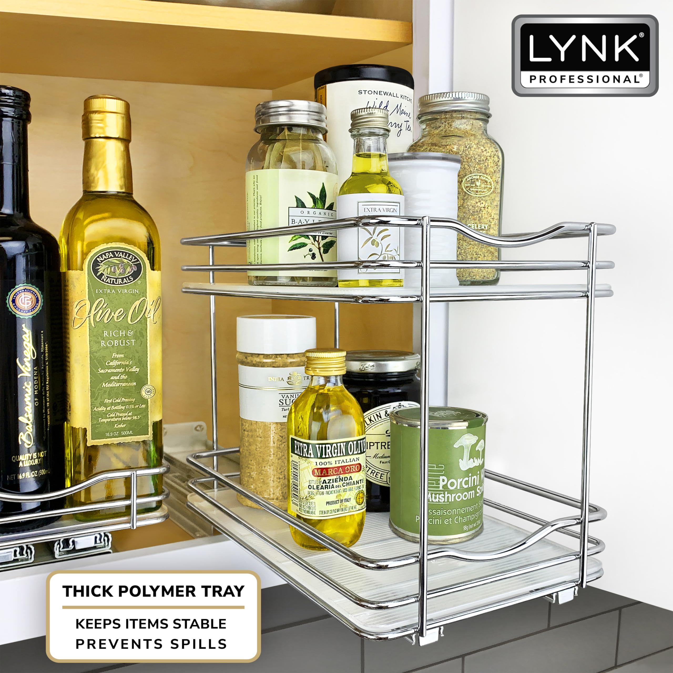Heavy-duty 1/8 inch polymer tray locks in place to guard against spills.
