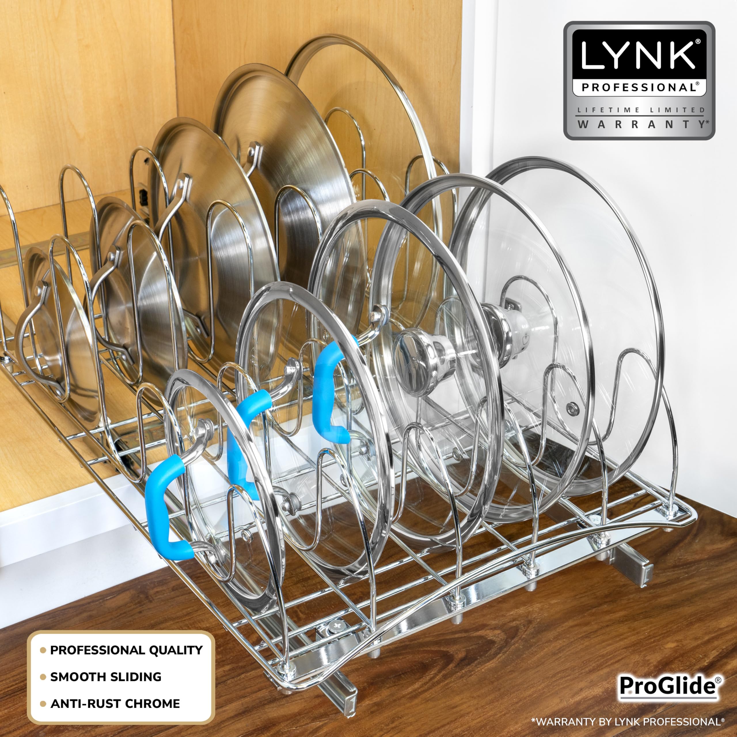 LYNK PROFESSIONAL pull-out cookie sheet organizer in chrome keeps trays flat and reachable