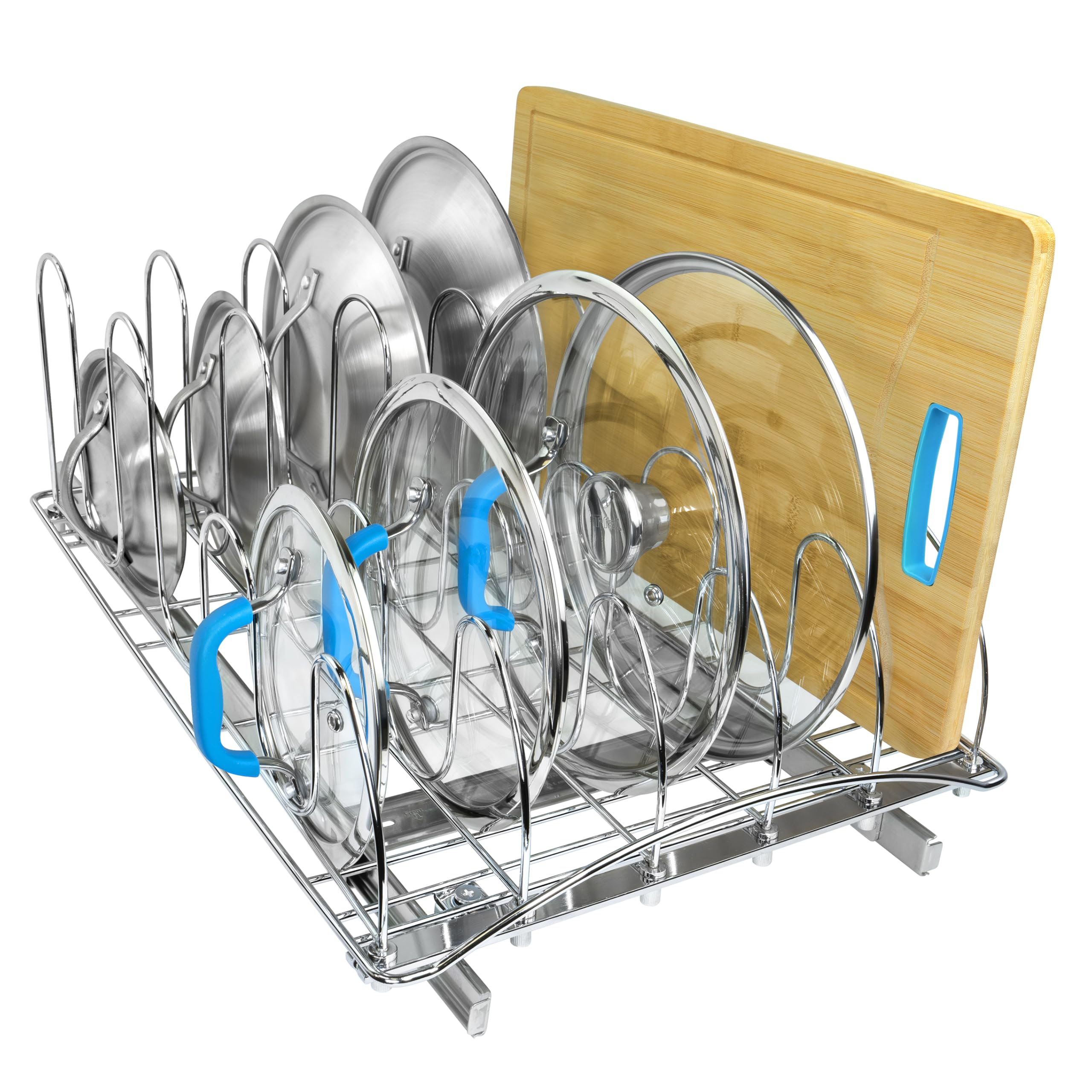 LYNK PROFESSIONAL pull-out lid organizer in chrome holds up to 30 lids for easy access