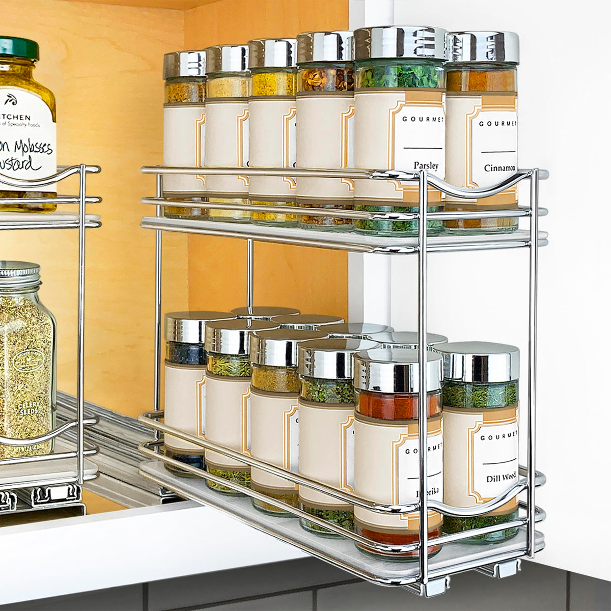 LYNK PROFESSIONAL pull-out spice rack installed for easy cabinet access and organized spice storage.