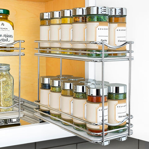 LYNK PROFESSIONAL pull-out spice rack installed for easy cabinet access and organized spice storage.