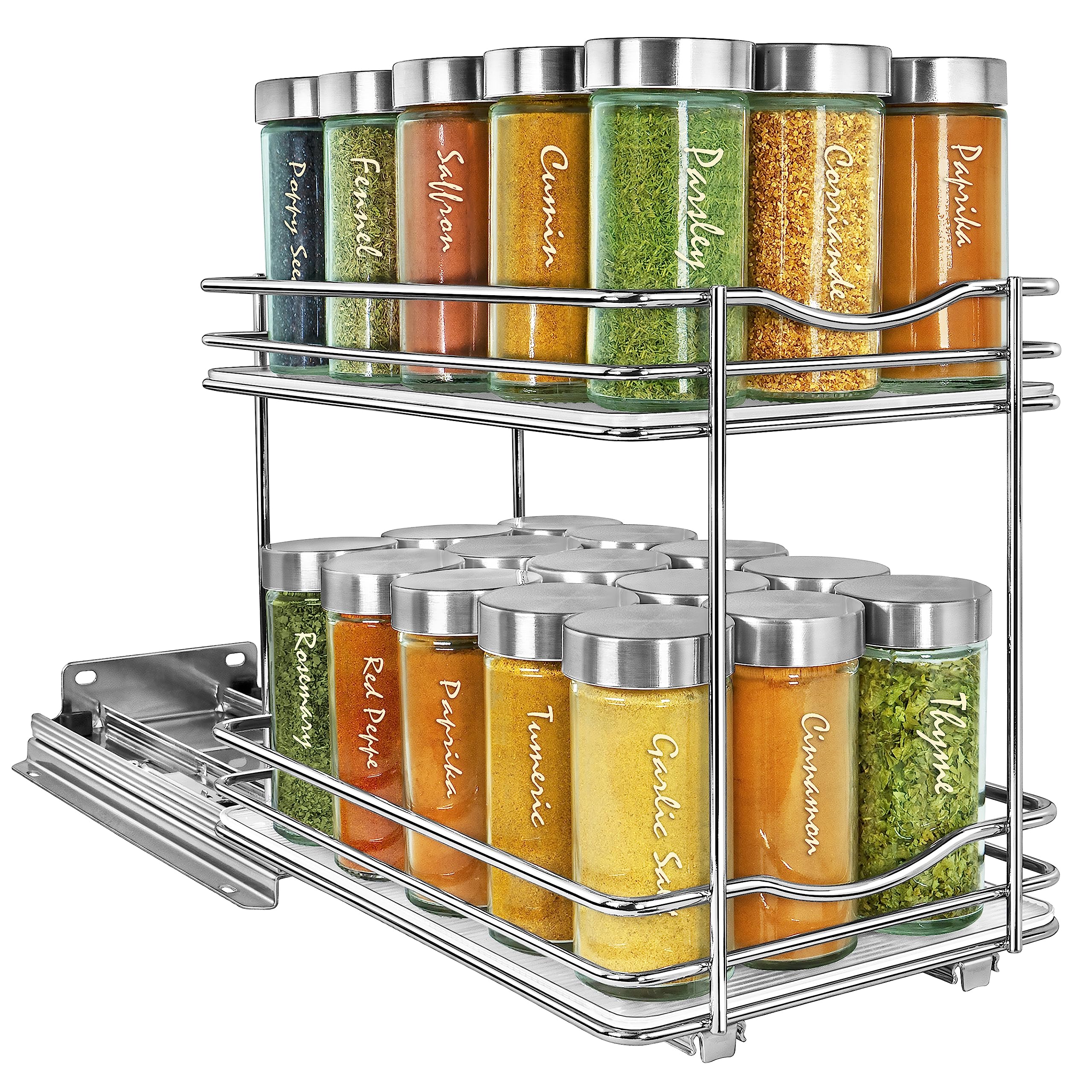 LYNK PROFESSIONAL pull-out spice rack in cabinet for easy access and organization.
