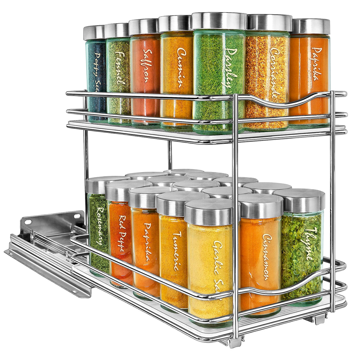LYNK PROFESSIONAL pull-out spice rack in cabinet for easy access and organization.