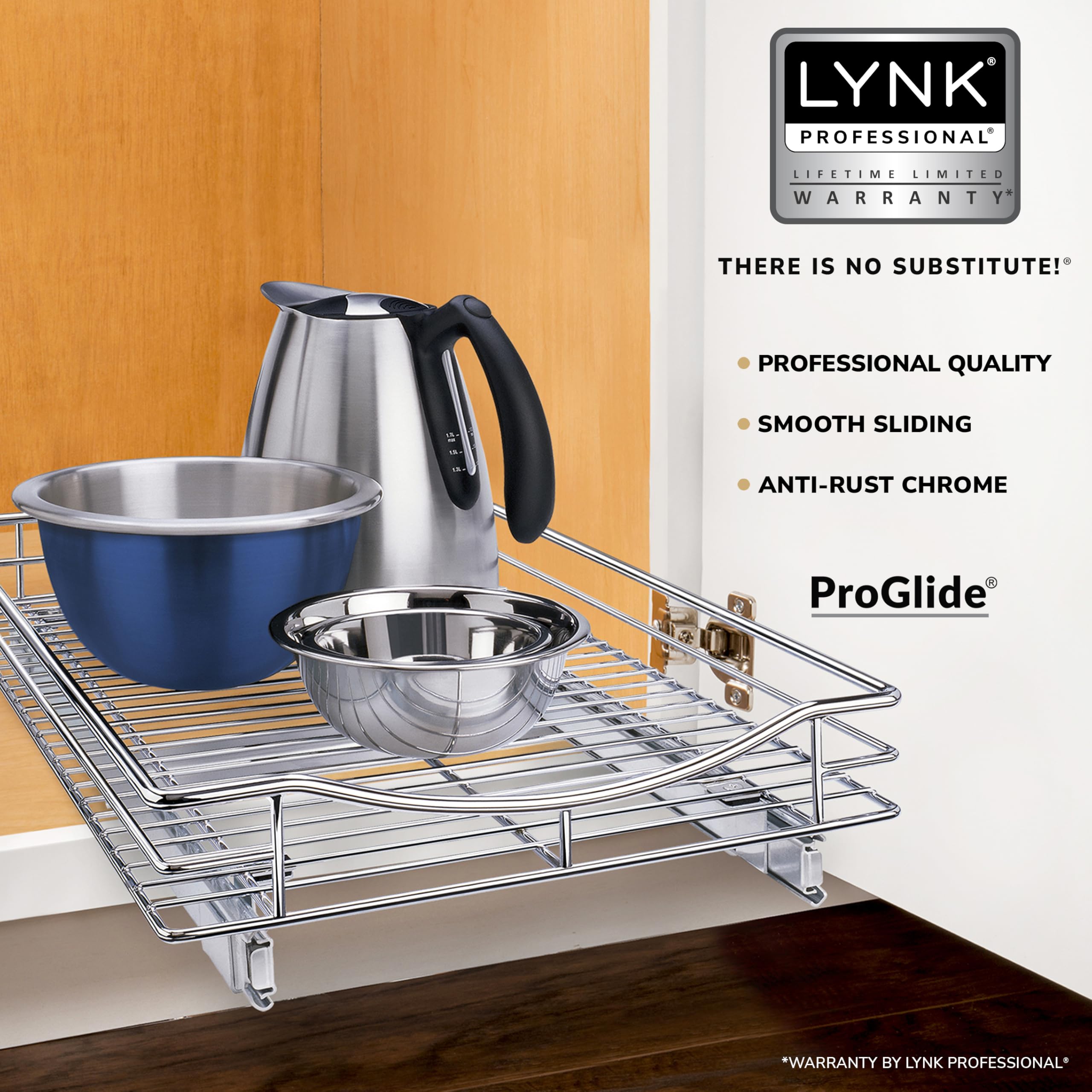 LYNK PROFESSIONAL slide-out drawers in kitchen cabinets for quick reach to spices and cookware.