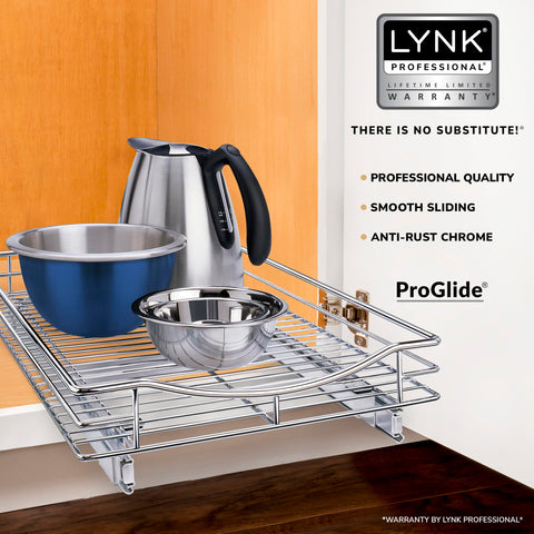 LYNK PROFESSIONAL slide-out drawers in kitchen cabinets for quick reach to spices and cookware.