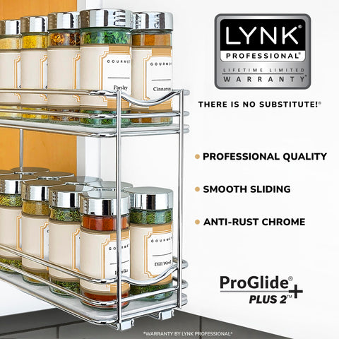 LYNK PROFESSIONAL two-tier chrome spice rack showing full bottle visibility for quick selection.