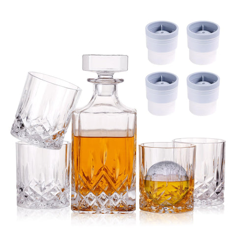 LYRION crystal whiskey decanter set front view with elegant gift packaging
