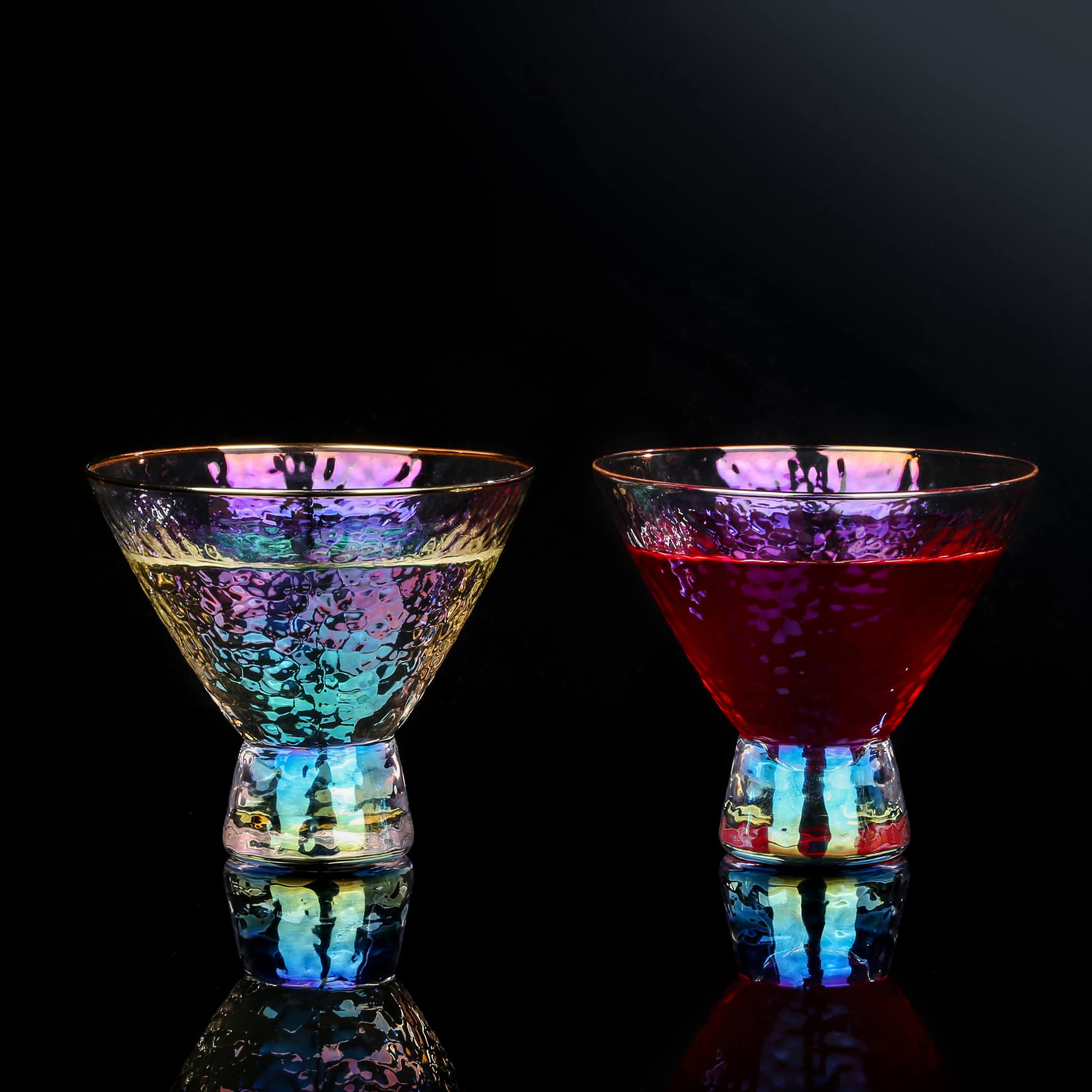 Lysenn iridescent stemless martini glasses 7.7oz capacity shown with cocktails and juice