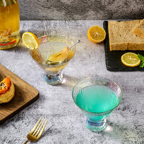 Lysenn iridescent stemless martini glasses close view of shimmering rims for premium tasting