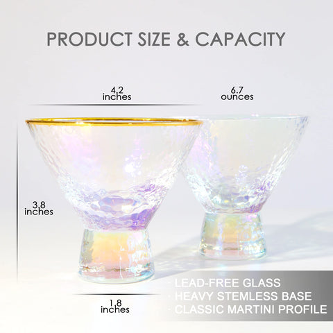 Lysenn iridescent stemless martini glasses wedding scene on a banquet table