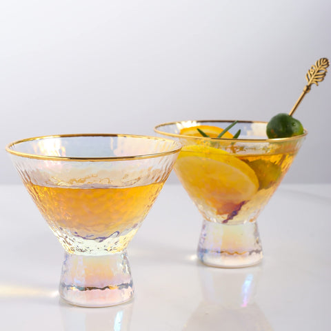 Lysenn iridescent stemless martini glasses with hammered shine for elegant entertaining