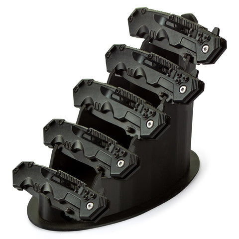 LyunZiS knife display stand side view holding five pocket knives for organized display