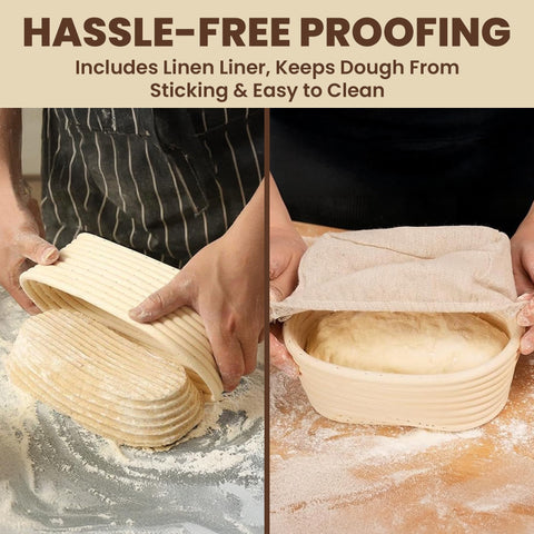 Hands shaping dough in Lyvo banneton oval basket during proofing