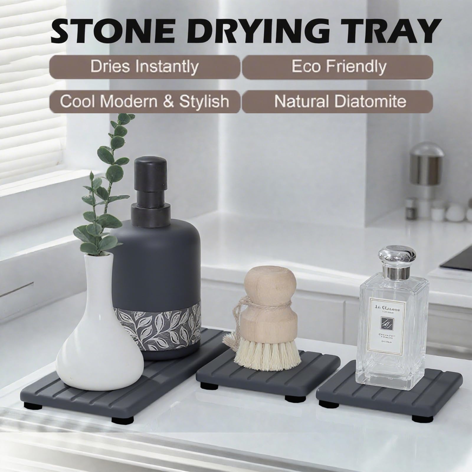 Lyxel 3-piece diatomite set on a counter.